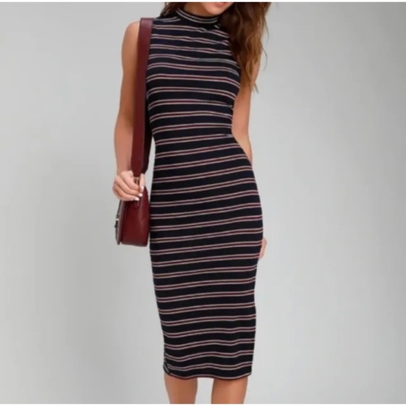 LULUS Franklin navy blue striped mock turtleneck knit midi dress size large - Picture 5 of 15